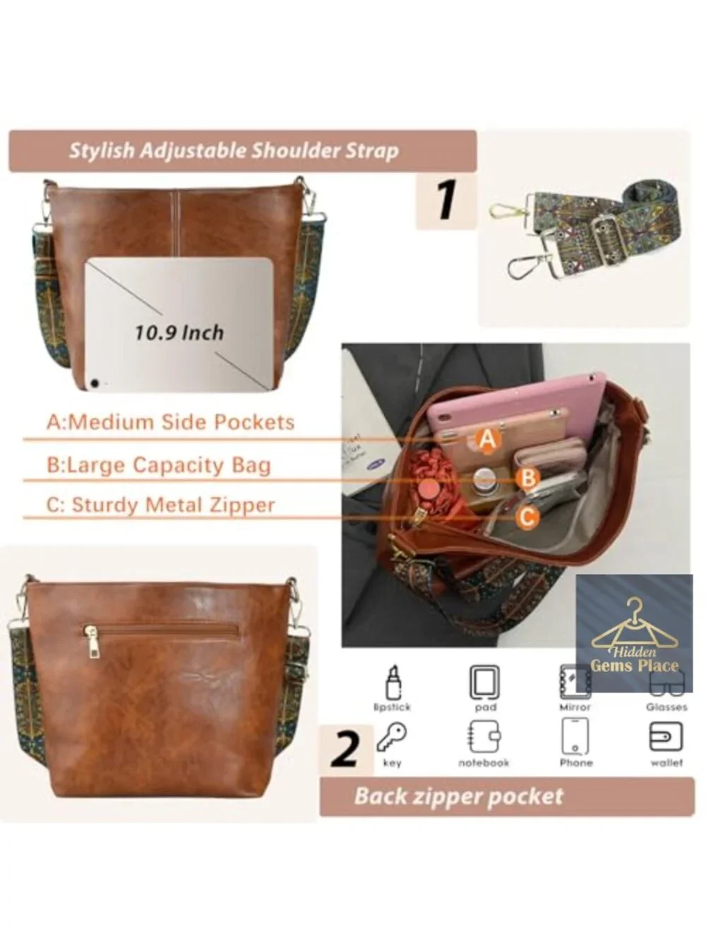 Vegan Leather Hobo Crossbody Bag with Adjustable Strap